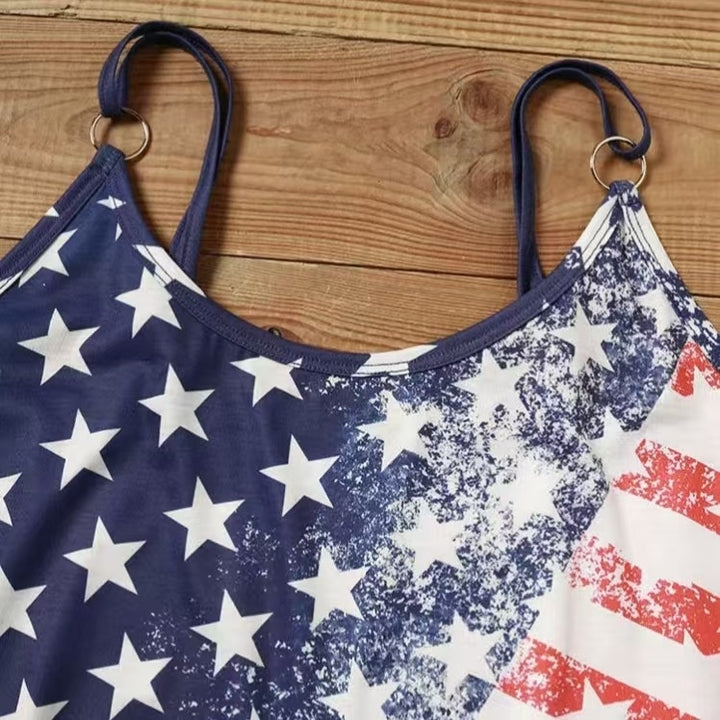 Ladies' V-neck American Flag Star Striped Pocket Shoulder Strap Mini Dress, Independence Day Dress
