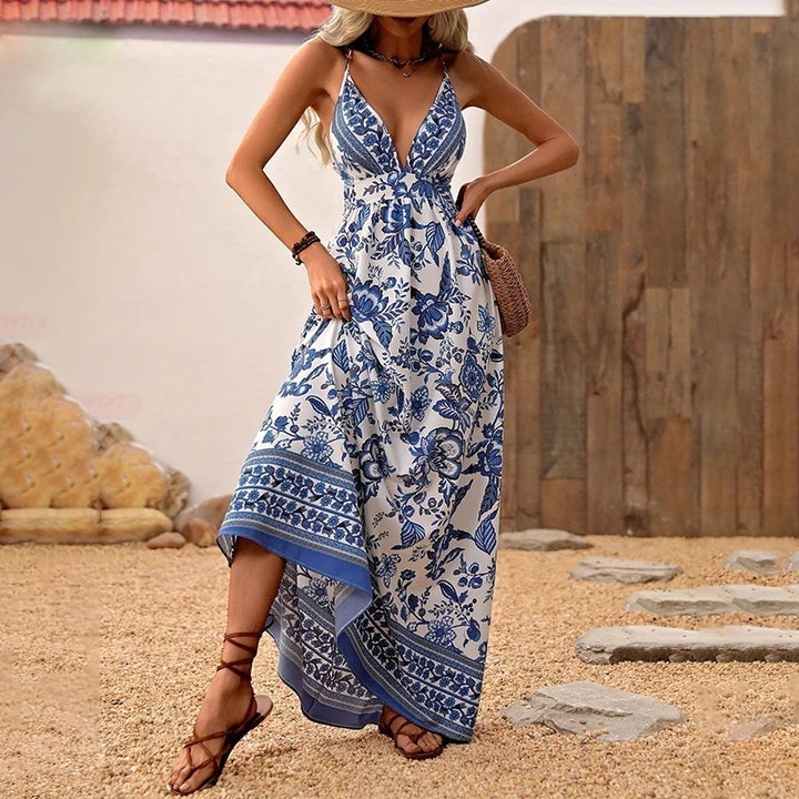 Women's V-Neck Strappy Floral Print Backless Maxi Dress, A-Line Summer Vacation Dress