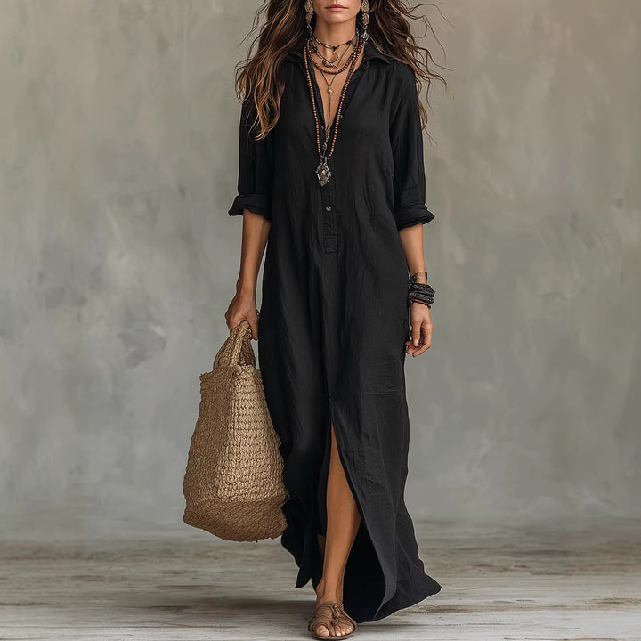 Long-sleeve Boho Maxi Dress Casual Solid Color Lapel Collar Side Slit Beach Dress
