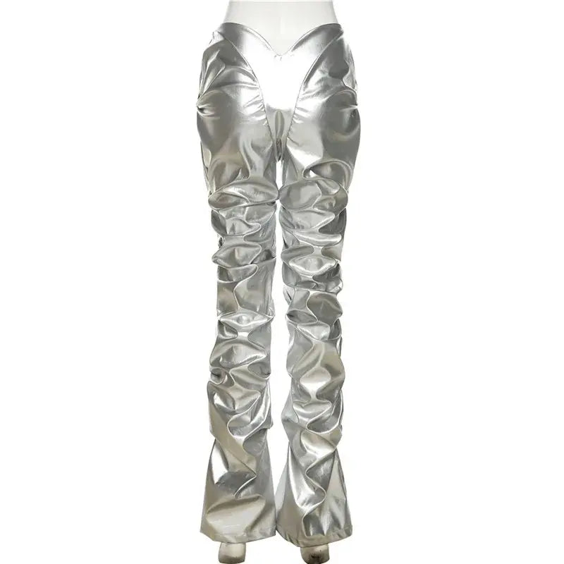 Shiny Silver Women Faux PU Leather Long Pants Irregular Sexy Stacked Joggers Low Waisted Female Pantalones Mujer Y2K Clothes