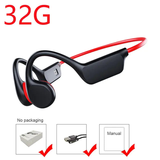 32G IPX8 waterproof bone conduction headphones for swimming, shown with USB charger and instruction manual