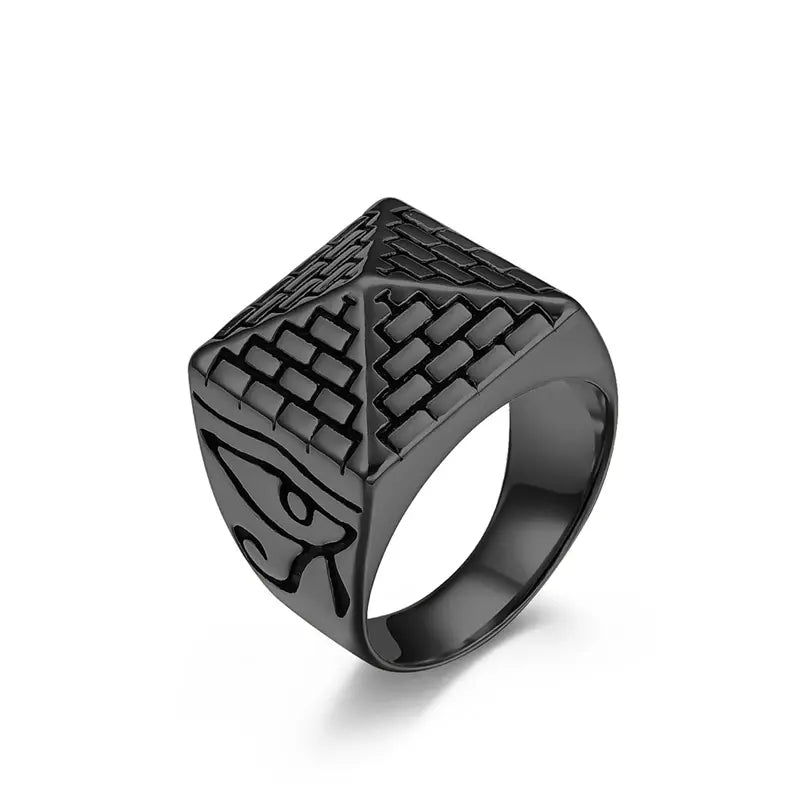 Eye of Horus Pyramid Stainless Steel Unisex Ring - Retro Egyptian Pharaoh Design (Model: JZ604)