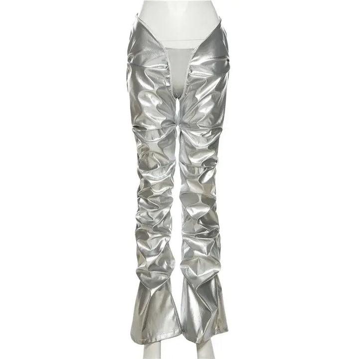 Shiny Silver Women Faux PU Leather Long Pants Irregular Sexy Stacked Joggers Low Waisted Female Pantalones Mujer Y2K Clothes