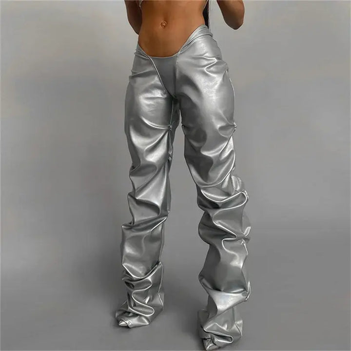 Shiny Silver Women Faux PU Leather Long Pants Irregular Sexy Stacked Joggers Low Waisted Female Pantalones Mujer Y2K Clothes