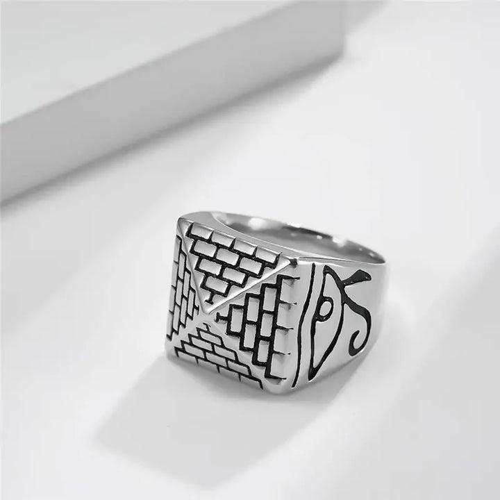 Eye of Horus Pyramid Stainless Steel Unisex Ring - Retro Egyptian Pharaoh Design (Model: JZ604)