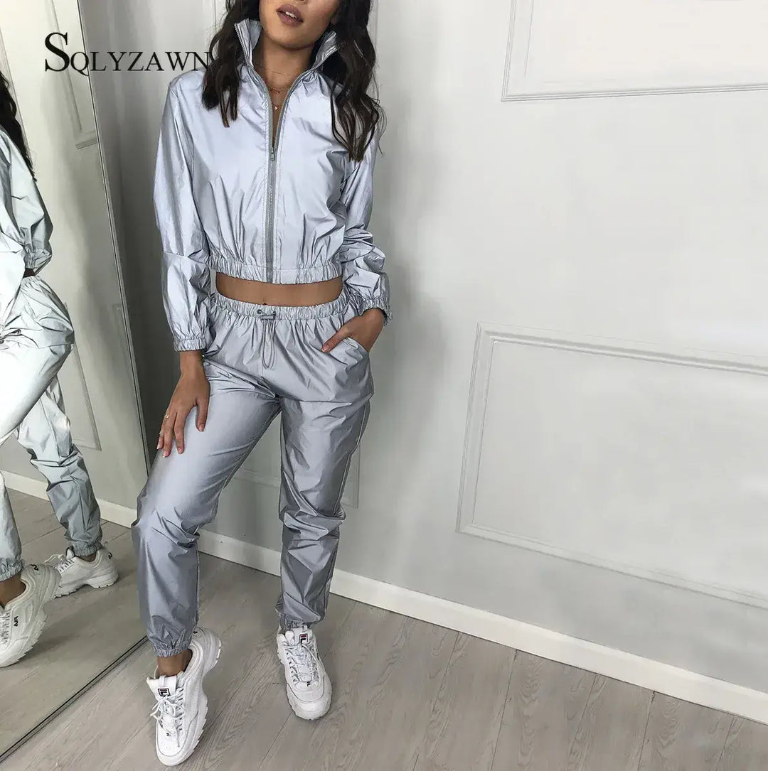 Women Tracksuit Hip Hop Reflective Crop Top Pants 2 Piece Set Fashion Female Loose Zipper Jacket Coat Matching Sets Plus Size