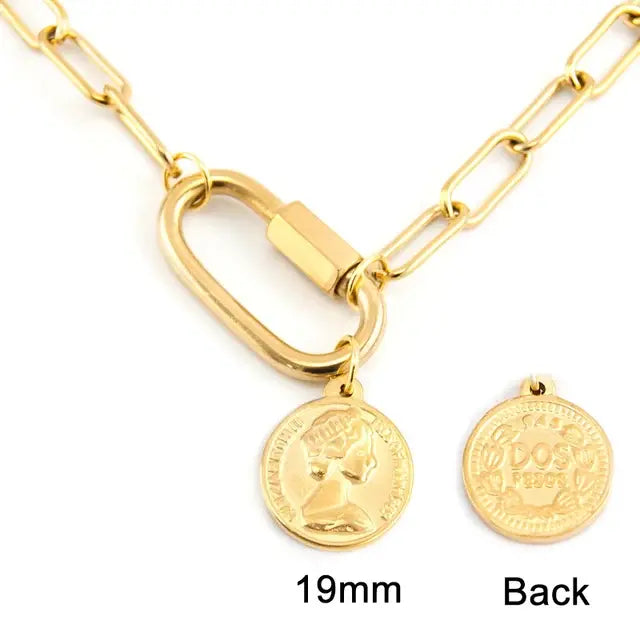 Stainless steel Women Necklace Lucky lock Coin Saint Carabiner hook charm Minimalist Casual Neck Chain Hiphop Female